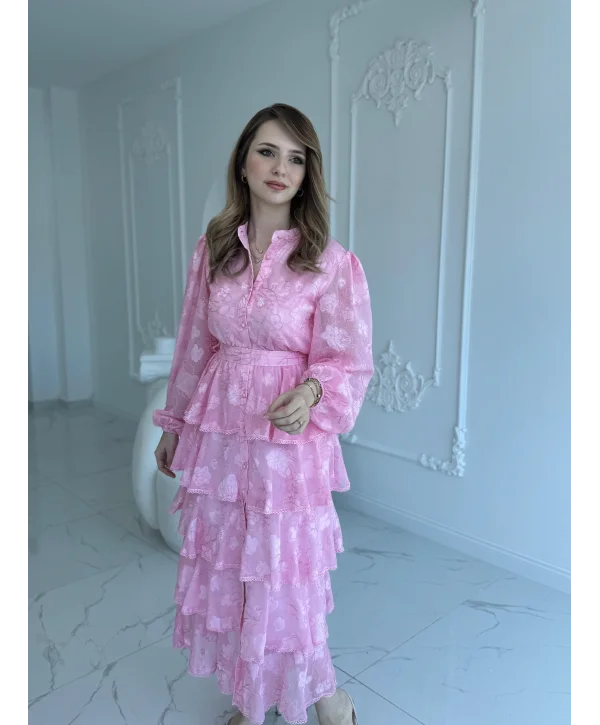 Nakış İşlemeli Kat Kat Volanlı Pembe Elbise