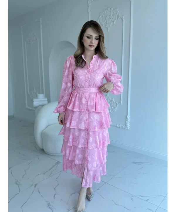Nakış İşlemeli Kat Kat Volanlı Pembe Elbise