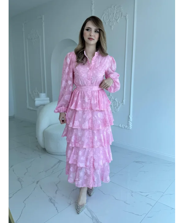 Nakış İşlemeli Kat Kat Volanlı Pembe Elbise