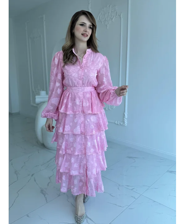 Nakış İşlemeli Kat Kat Volanlı Pembe Elbise