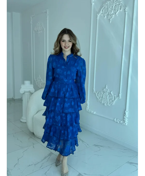 Nakış İşlemeli Kat Kat Volanlı Saks Elbise