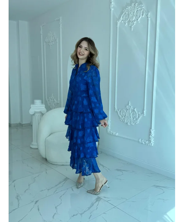 Nakış İşlemeli Kat Kat Volanlı Saks Elbise