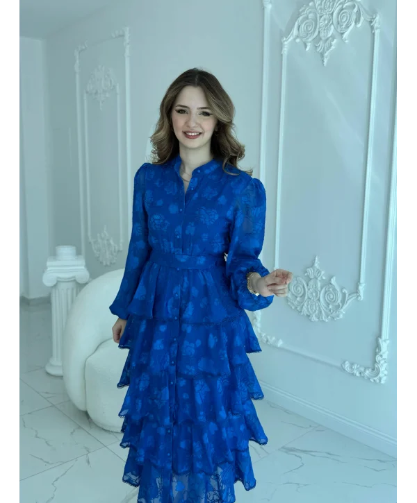 Nakış İşlemeli Kat Kat Volanlı Saks Elbise