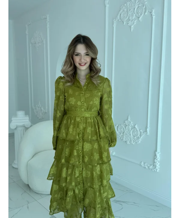 Nakış İşlemeli Kat Kat Volanlı Yağ Yeşili Elbise