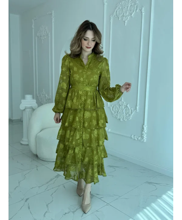 Nakış İşlemeli Kat Kat Volanlı Yağ Yeşili Elbise