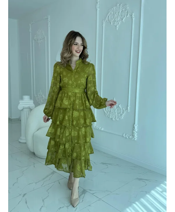 Nakış İşlemeli Kat Kat Volanlı Yağ Yeşili Elbise