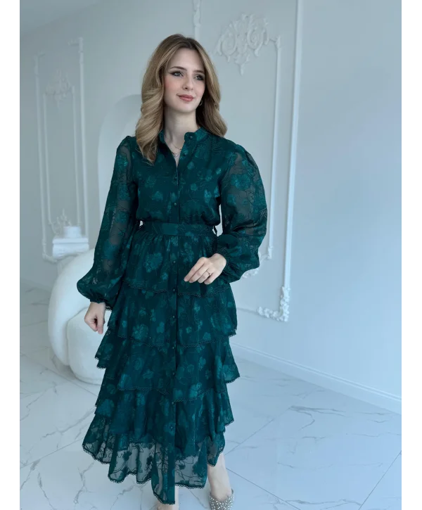 Nakış İşlemeli Kat Kat Volanlı Zümrüt Elbise