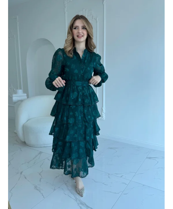 Nakış İşlemeli Kat Kat Volanlı Zümrüt Elbise