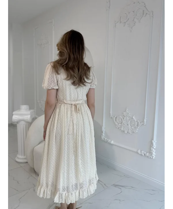 Nakış İşlemeli Şifon Bej Elbise