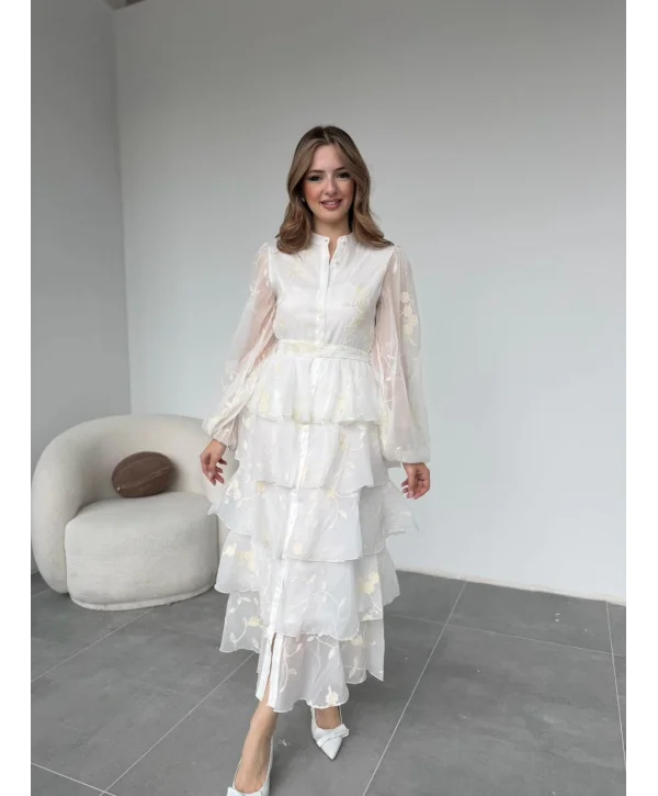 Nakışlı Karolin Kumaş Volanlı Kat Kat Ekru Kuşaklı Elbise