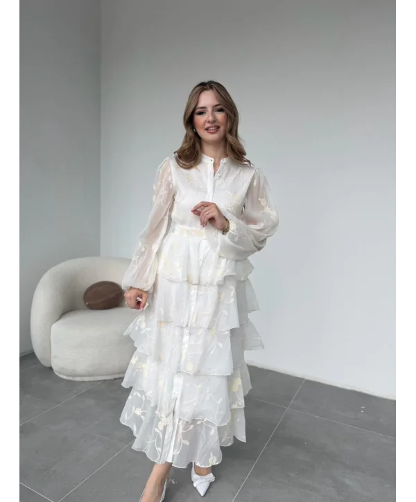Nakışlı Karolin Kumaş Volanlı Kat Kat Ekru Kuşaklı Elbise