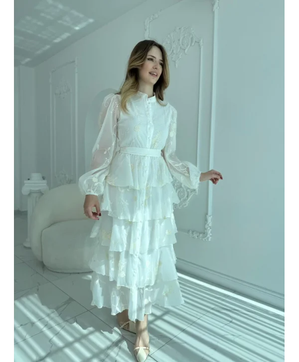 Nakışlı Karolin Kumaş Volanlı Kat Kat Ekru Kuşaklı Elbise