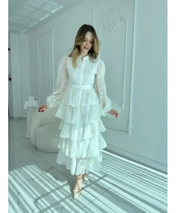Nakışlı Karolin Kumaş Volanlı Kat Kat Ekru Kuşaklı Elbise