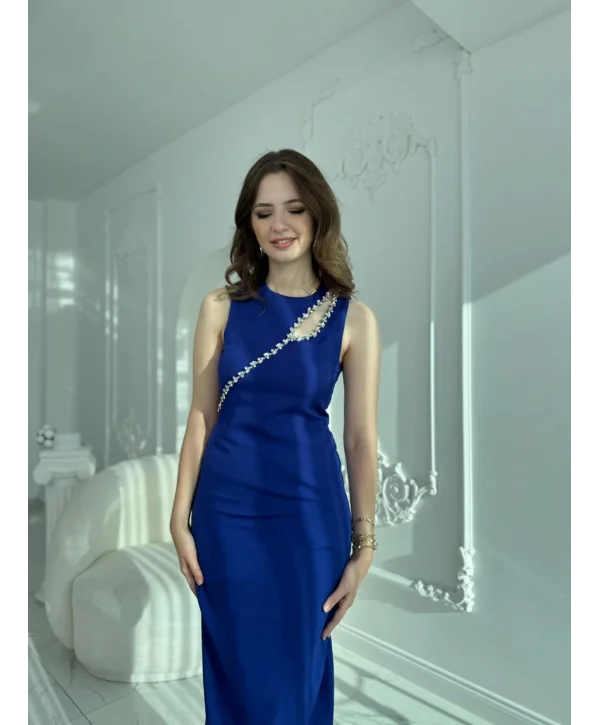 Omuzdan Geçişli Taş Detaylı Saks Davet Elbisesi