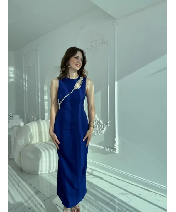 Omuzdan Geçişli Taş Detaylı Saks Davet Elbisesi