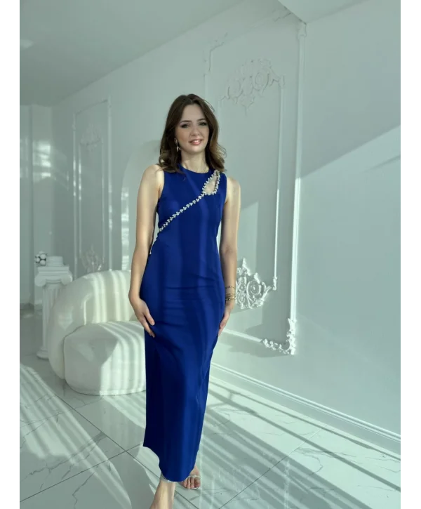 Omuzdan Geçişli Taş Detaylı Saks Davet Elbisesi