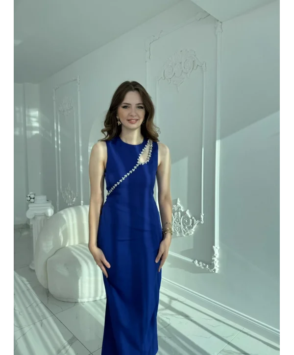 Omuzdan Geçişli Taş Detaylı Saks Davet Elbisesi