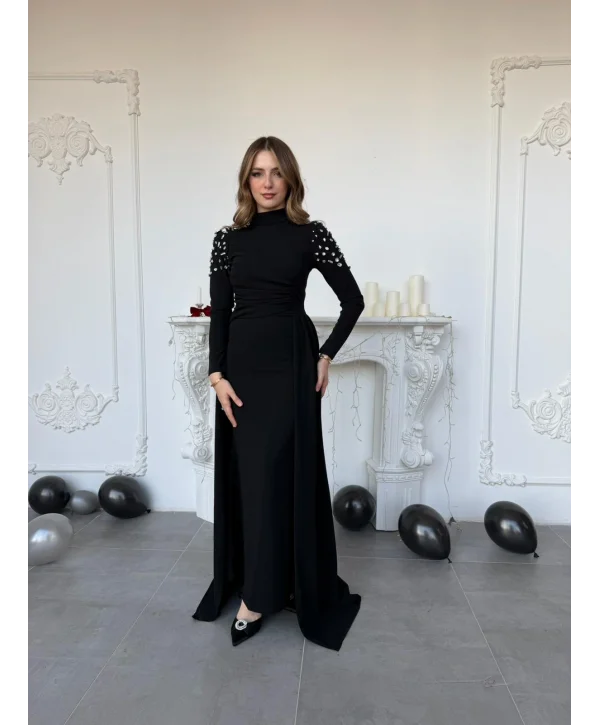 Omuzları Taş İşlemeli Pelerin Detaylı Krep Abiye Siyah Elbise