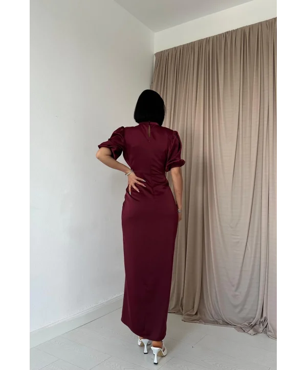 Önü Büzgülü Bordo Saten Elbise