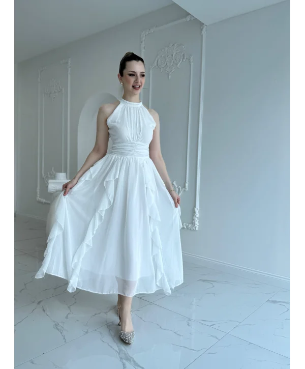 Önü Büzgülü Eteği Fırfırlı Beyaz Şifon Elbise