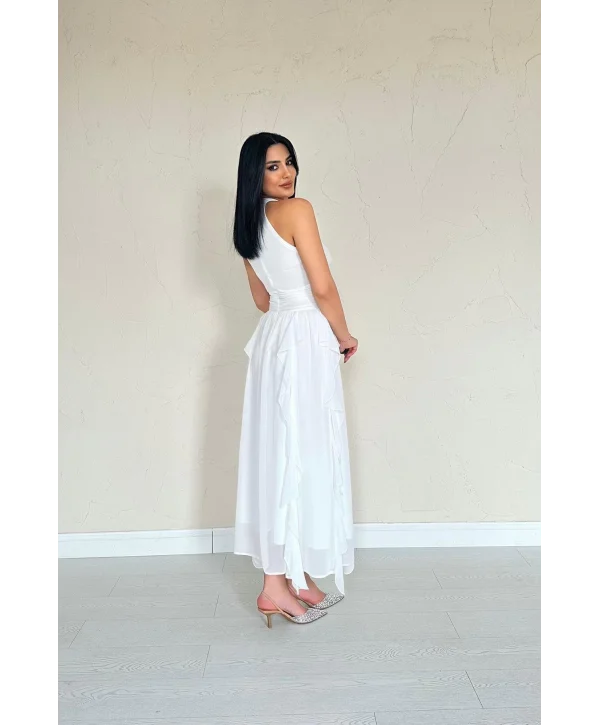 Önü Büzgülü Eteği Fırfırlı Beyaz Şifon Elbise