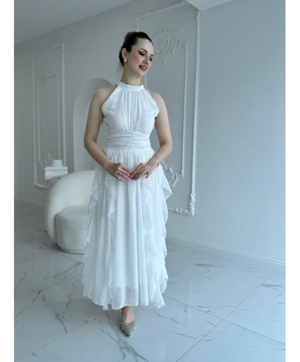 Önü Büzgülü Eteği Fırfırlı Beyaz Şifon Elbise