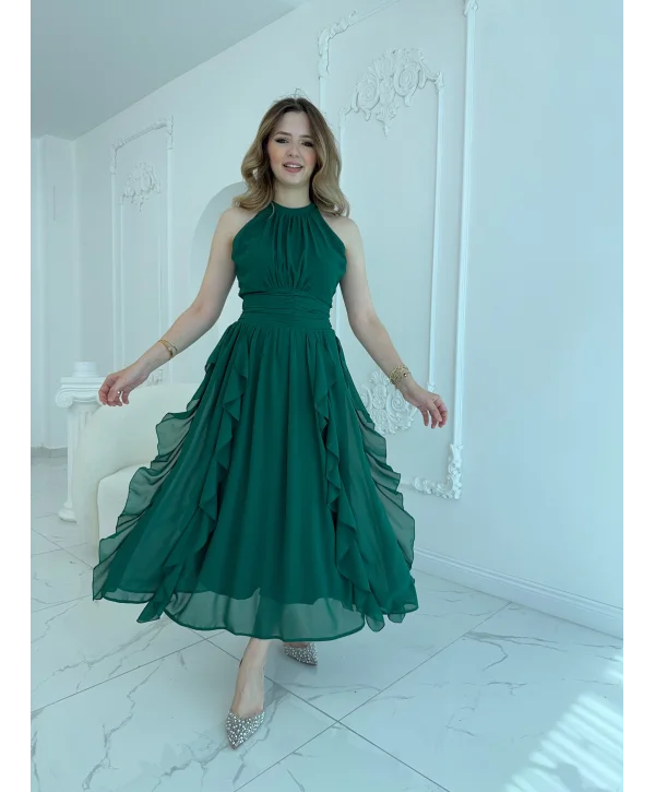 Önü Büzgülü Eteği Fırfırlı Zümrüt Şifon Elbise