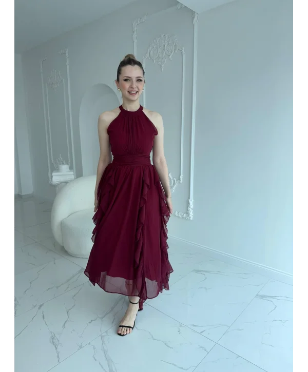 Önü Büzgülü Eteği Fırfırlı Bordo Şifon Elbise