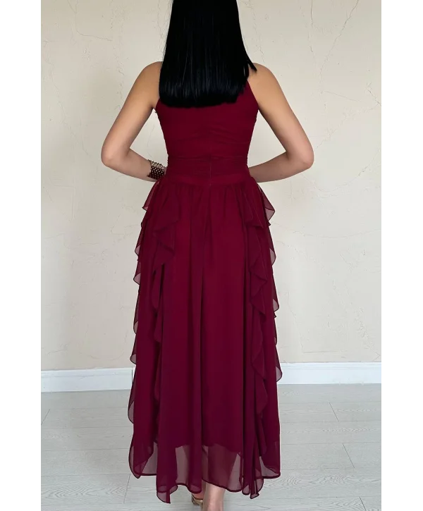 Önü Büzgülü Eteği Fırfırlı Bordo Şifon Elbise
