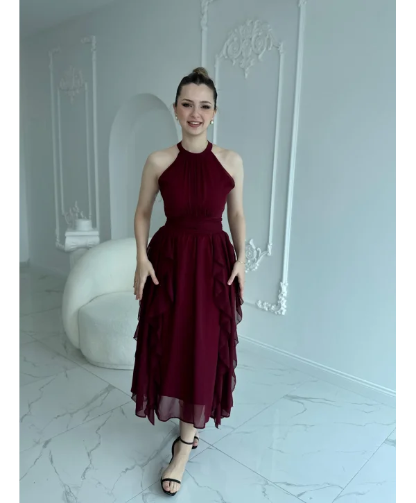 Önü Büzgülü Eteği Fırfırlı Bordo Şifon Elbise