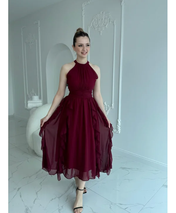 Önü Büzgülü Eteği Fırfırlı Bordo Şifon Elbise