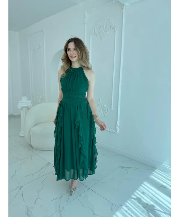 Önü Büzgülü Eteği Fırfırlı Zümrüt Şifon Elbise