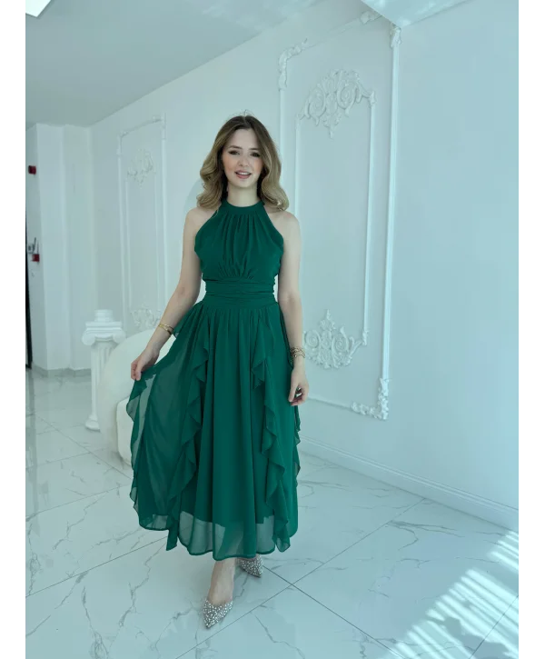 Önü Büzgülü Eteği Fırfırlı Zümrüt Şifon Elbise