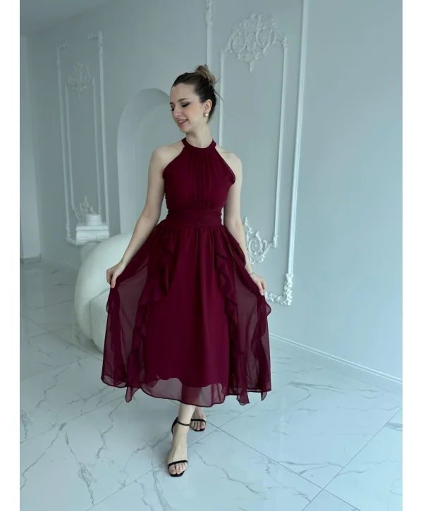 Önü Büzgülü Eteği Fırfırlı Bordo Şifon Elbise