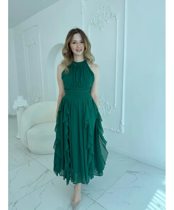 Önü Büzgülü Eteği Fırfırlı Zümrüt Şifon Elbise