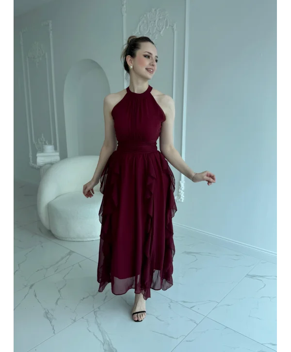 Önü Büzgülü Eteği Fırfırlı Bordo Şifon Elbise