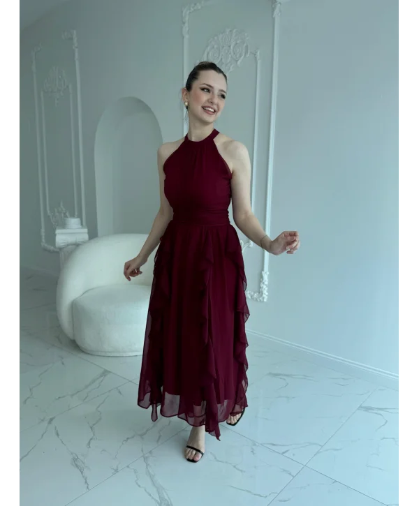 Önü Büzgülü Eteği Fırfırlı Bordo Şifon Elbise