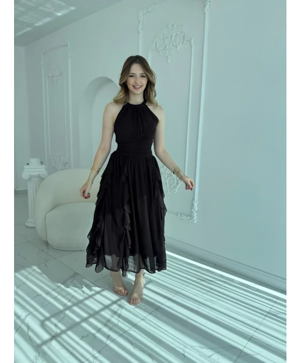 Önü Büzgülü Eteği Fırfırlı Kahve Şifon Elbise