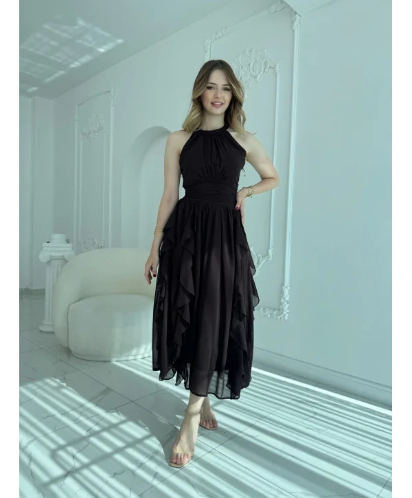 Önü Büzgülü Eteği Fırfırlı Kahve Şifon Elbise