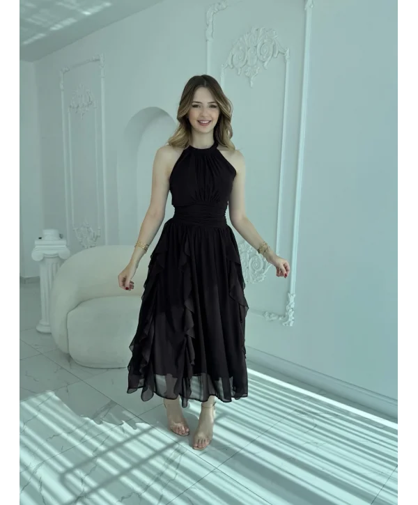 Önü Büzgülü Eteği Fırfırlı Kahve Şifon Elbise