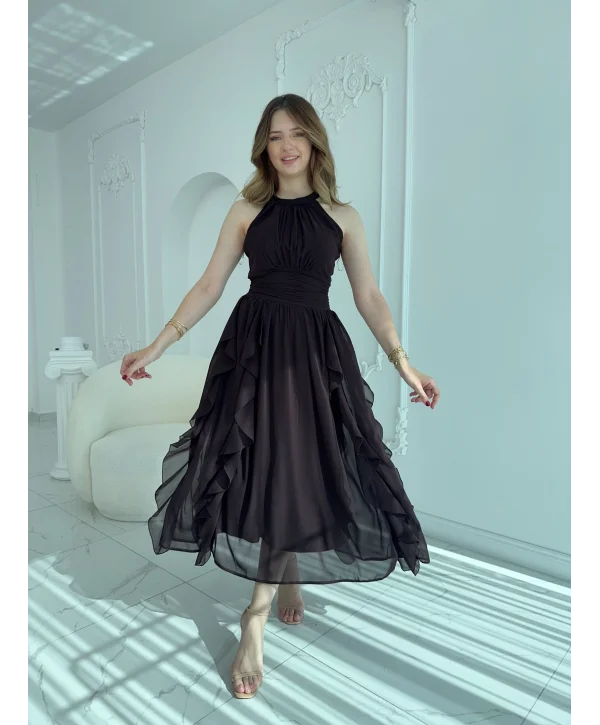 Önü Büzgülü Eteği Fırfırlı Kahve Şifon Elbise