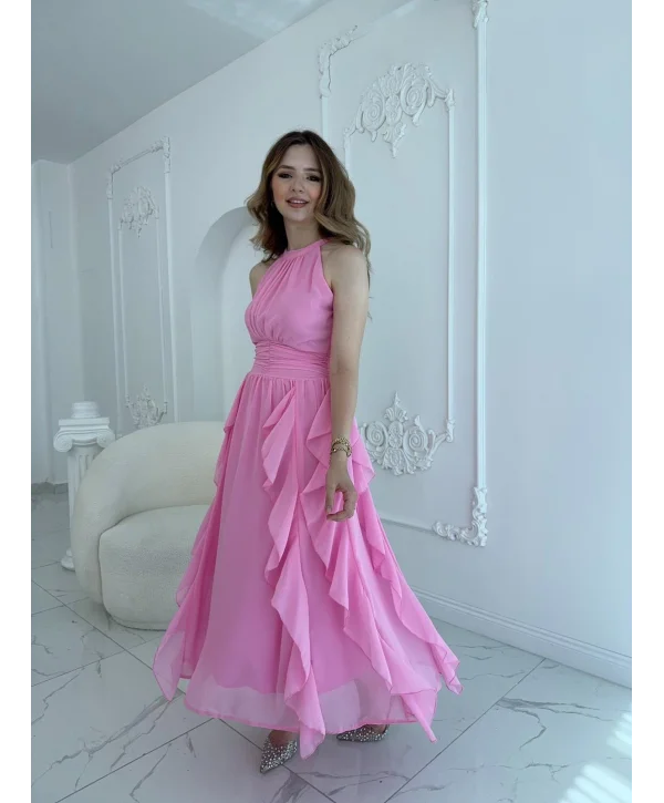 Önü Büzgülü Eteği Fırfırlı Pembe Şifon Elbise