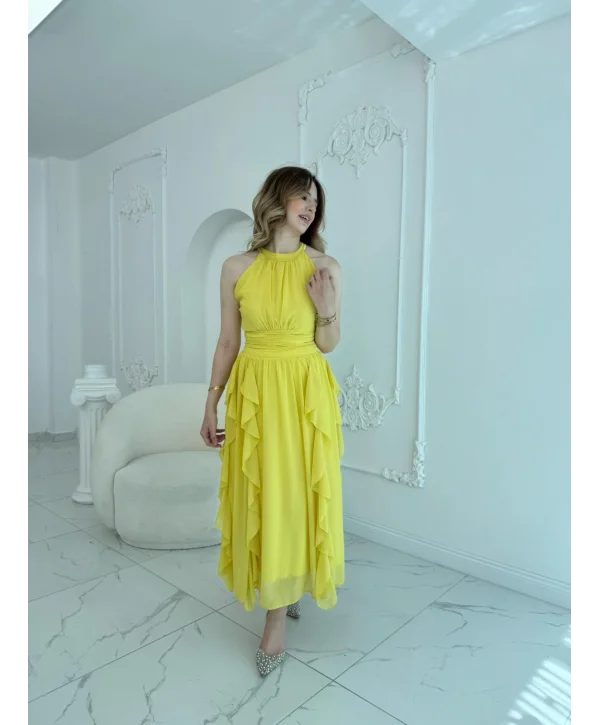 Önü Büzgülü Eteği Fırfırlı Sarı Şifon Elbise
