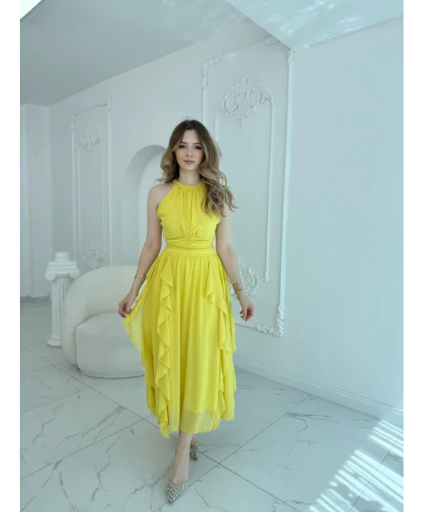 Önü Büzgülü Eteği Fırfırlı Sarı Şifon Elbise