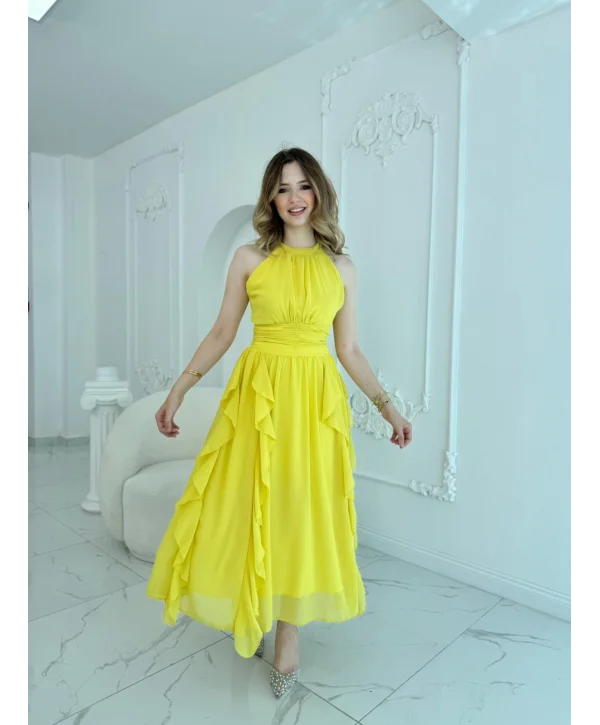 Önü Büzgülü Eteği Fırfırlı Sarı Şifon Elbise