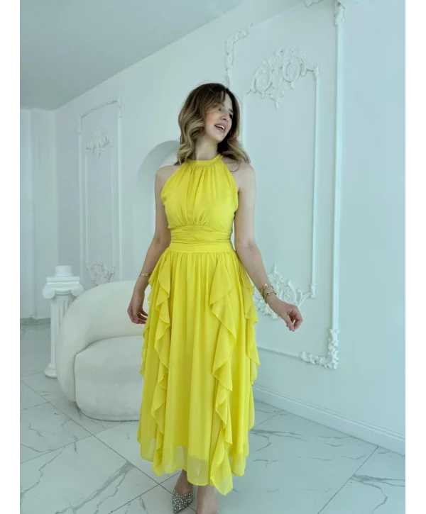 Önü Büzgülü Eteği Fırfırlı Sarı Şifon Elbise