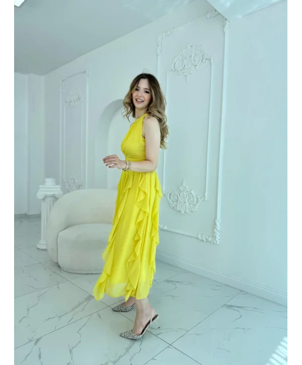 Önü Büzgülü Eteği Fırfırlı Sarı Şifon Elbise