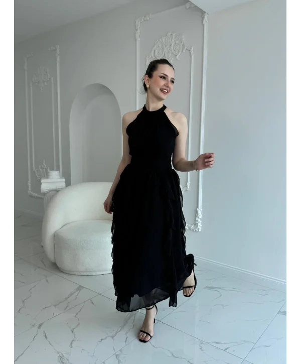 Önü Büzgülü Eteği Fırfırlı Siyah Şifon Elbise