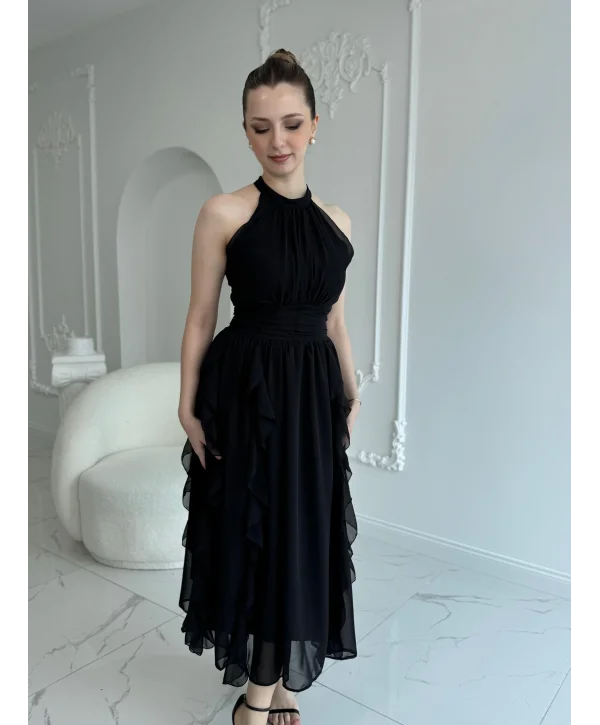 Önü Büzgülü Eteği Fırfırlı Siyah Şifon Elbise