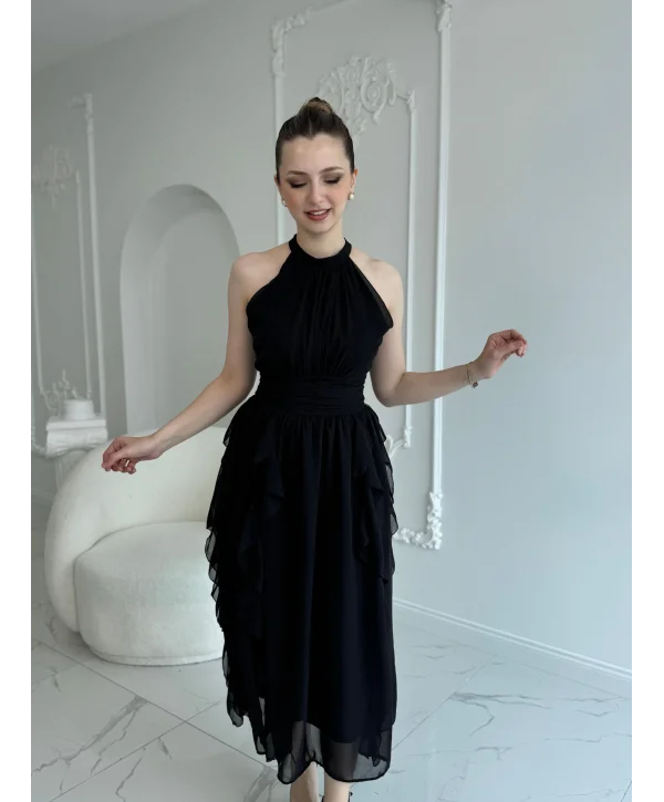 Önü Büzgülü Eteği Fırfırlı Siyah Şifon Elbise
